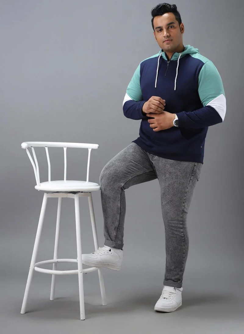 Urbano Fashion Urbano Plus Men's Blue, Green Cotton Colour Block Hooded Neck Sweatshirt